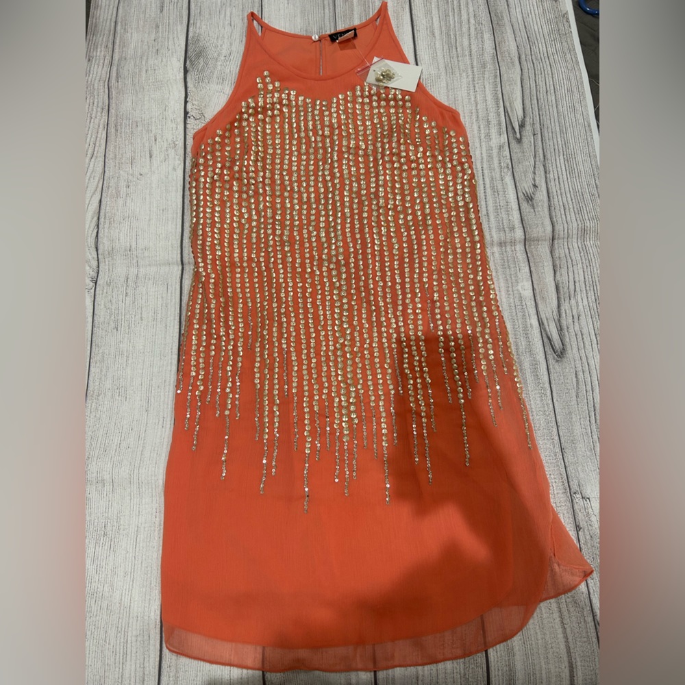 Coral and Gold sequin shift dress